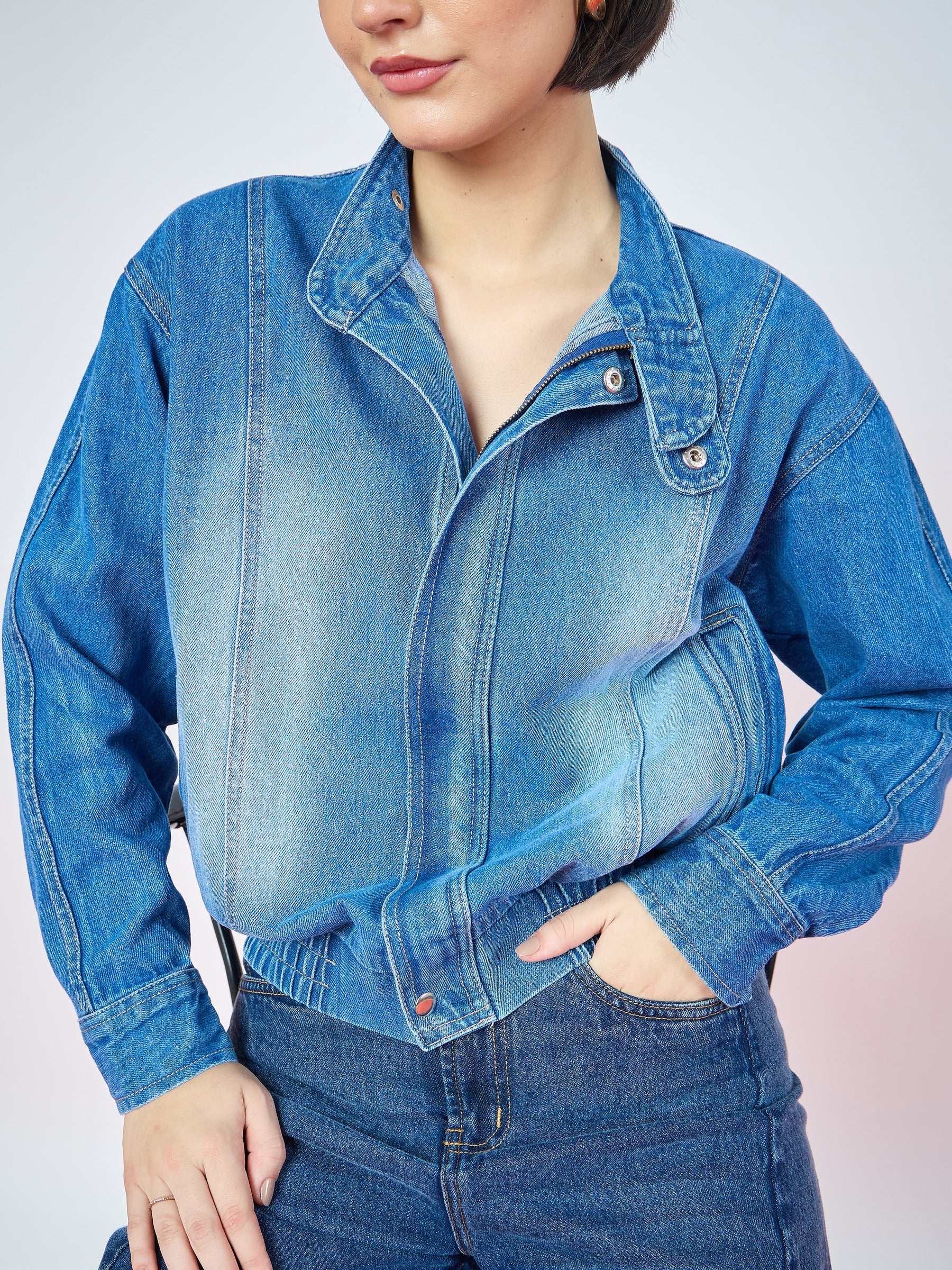 Blue Denim High Collar Zipper Jacket-SASSAFRAS