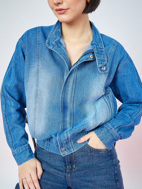 Blue Denim High Collar Zipper Jacket-SASSAFRAS