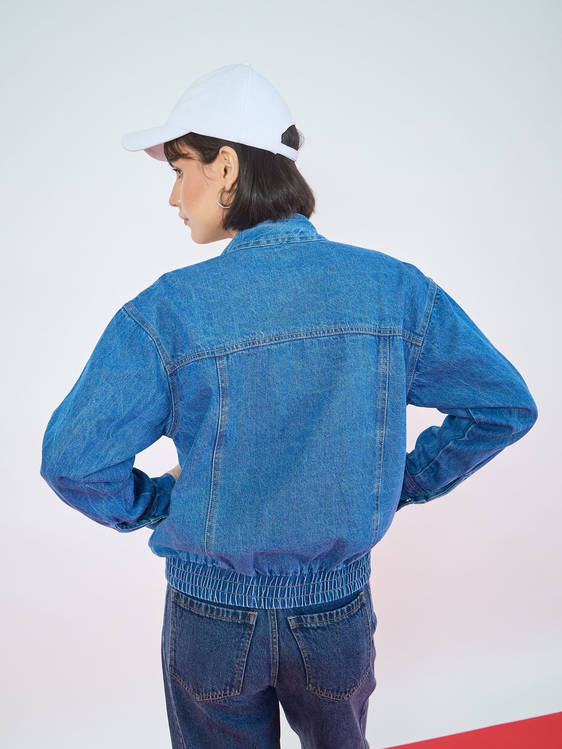 Blue Denim High Collar Zipper Jacket-SASSAFRAS