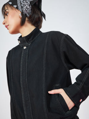 Jet Black Denim High Collar Zipper Jacket-SASSAFRAS