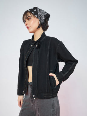 Jet Black Denim High Collar Zipper Jacket-SASSAFRAS
