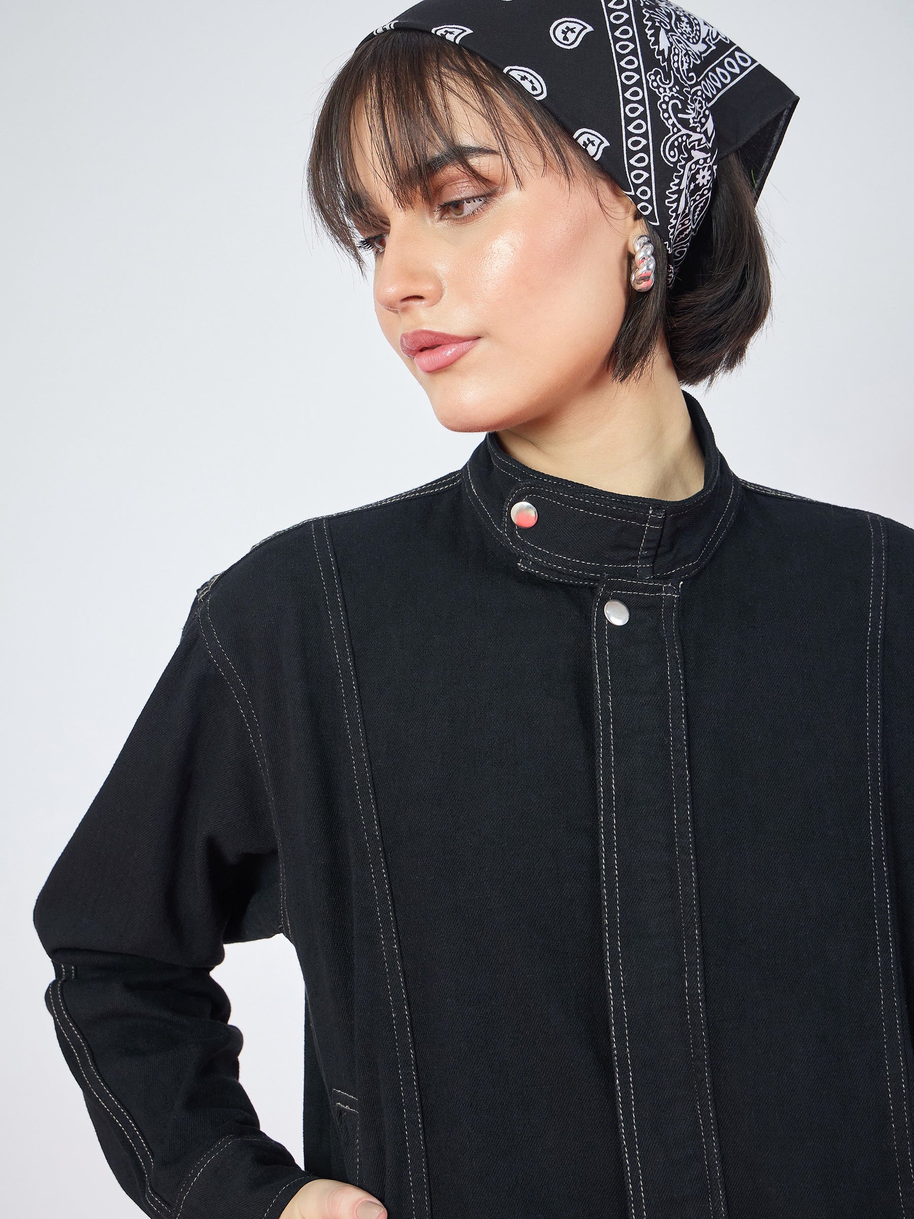 Jet Black Denim High Collar Zipper Jacket-SASSAFRAS