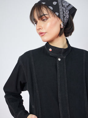 Jet Black Denim High Collar Zipper Jacket-SASSAFRAS
