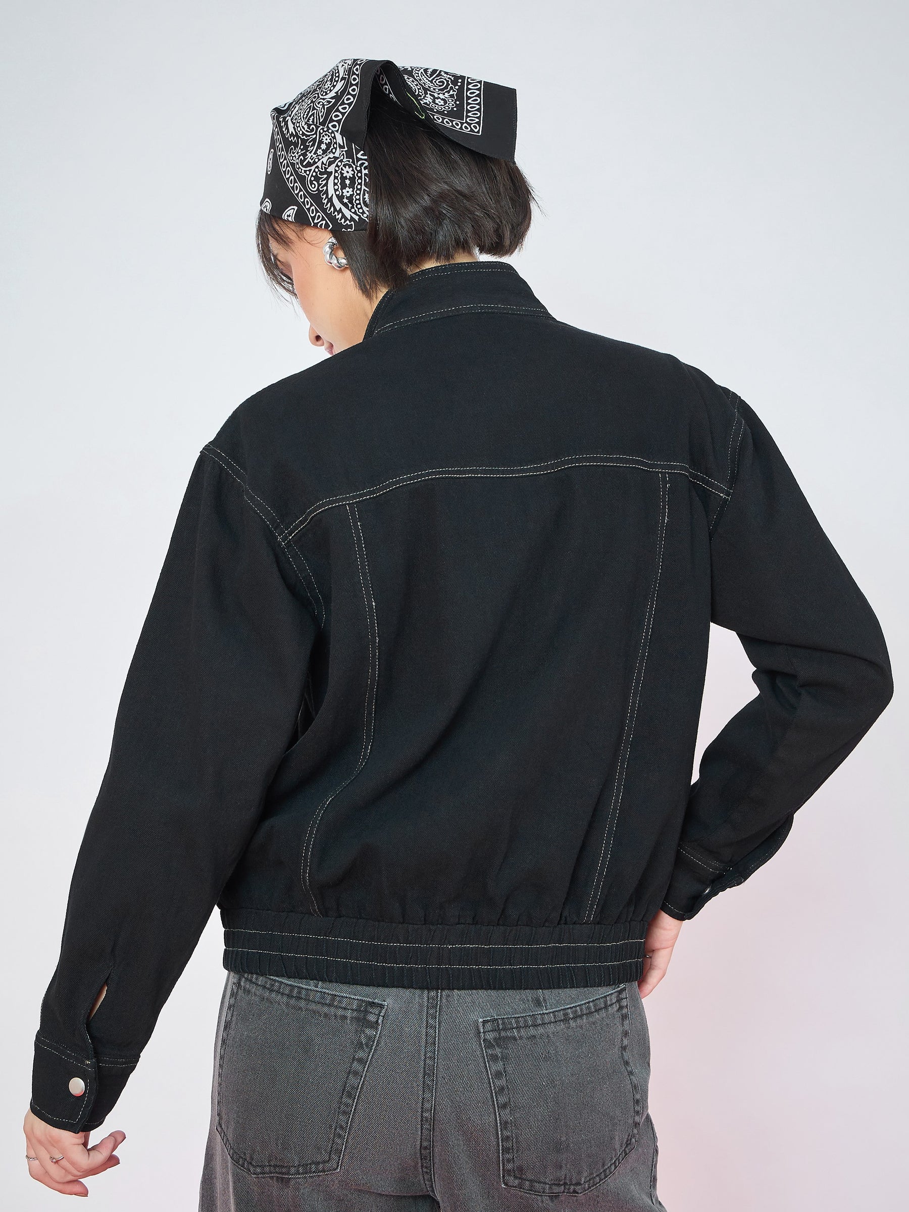 Jet Black Denim High Collar Zipper Jacket-SASSAFRAS