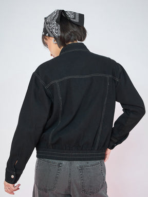 Jet Black Denim High Collar Zipper Jacket-SASSAFRAS