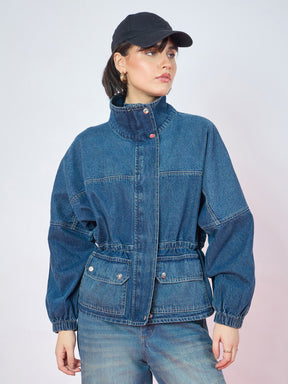 Blue Blast Denim High Neck Front Zipper Jacket-SASSAFRAS