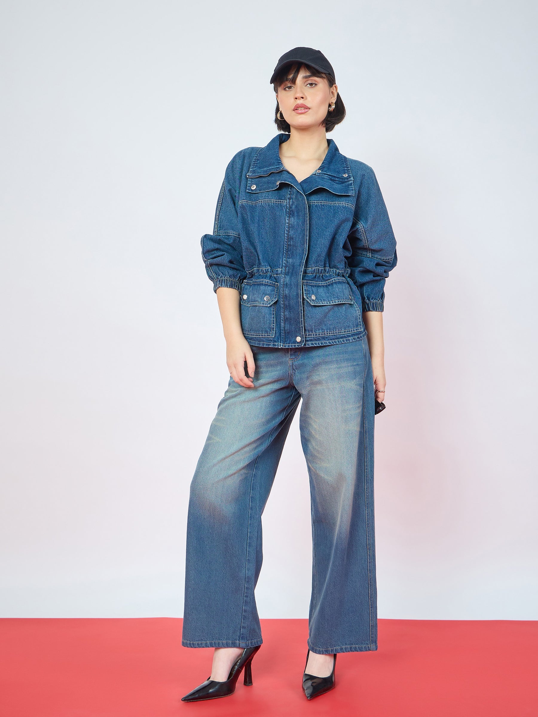 Blue Blast Denim High Neck Front Zipper Jacket-SASSAFRAS