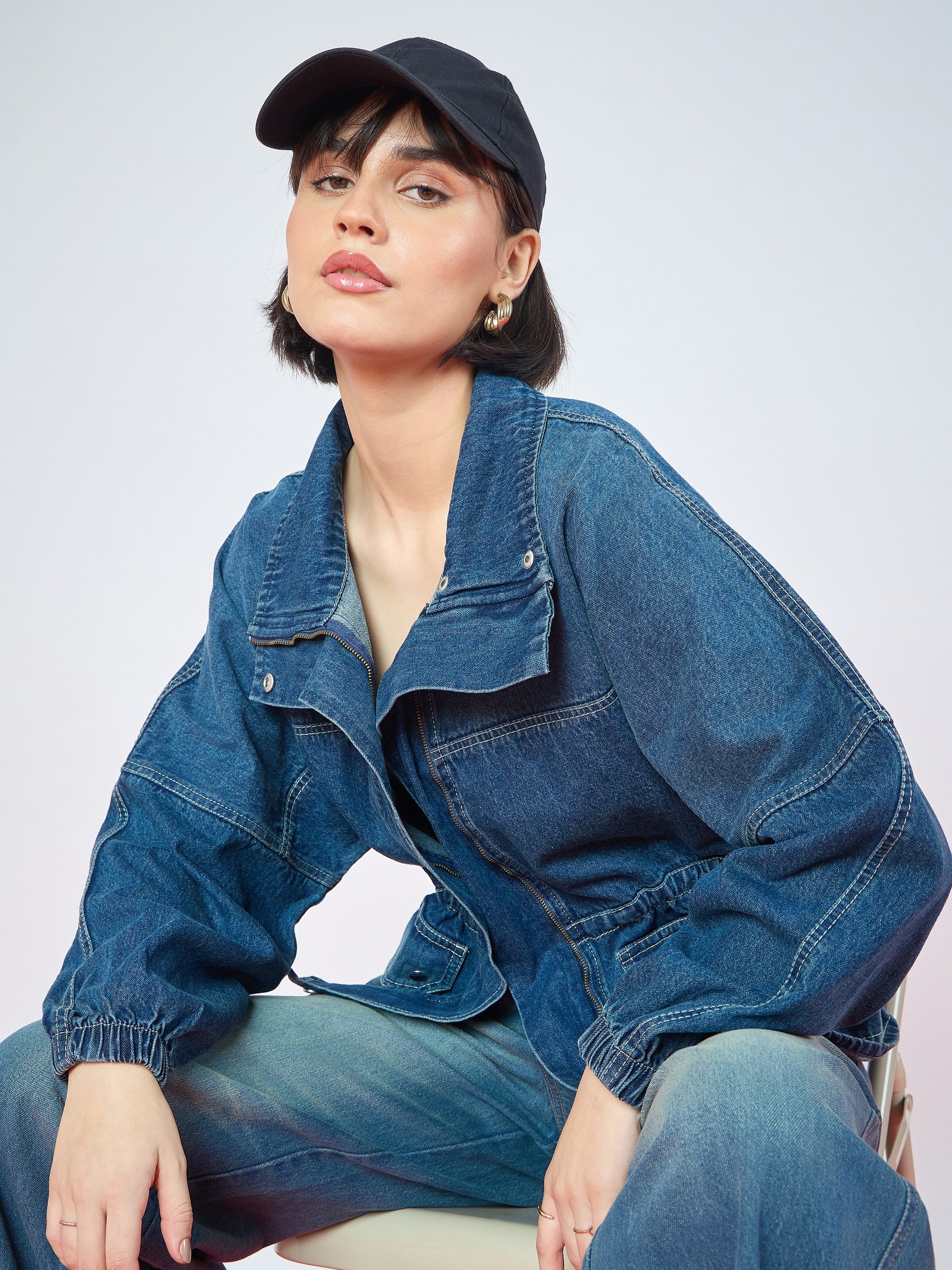 Blue Blast Denim High Neck Front Zipper Jacket-SASSAFRAS