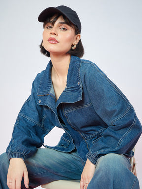 Blue Blast Denim High Neck Front Zipper Jacket-SASSAFRAS