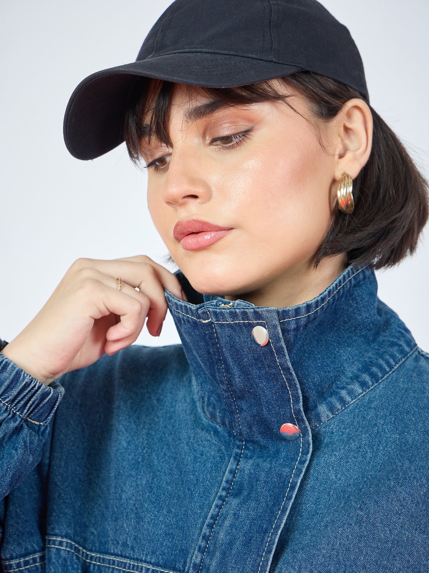 Blue Blast Denim High Neck Front Zipper Jacket-SASSAFRAS