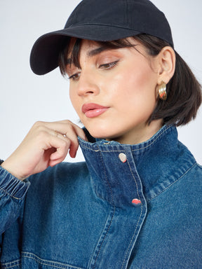 Blue Blast Denim High Neck Front Zipper Jacket-SASSAFRAS
