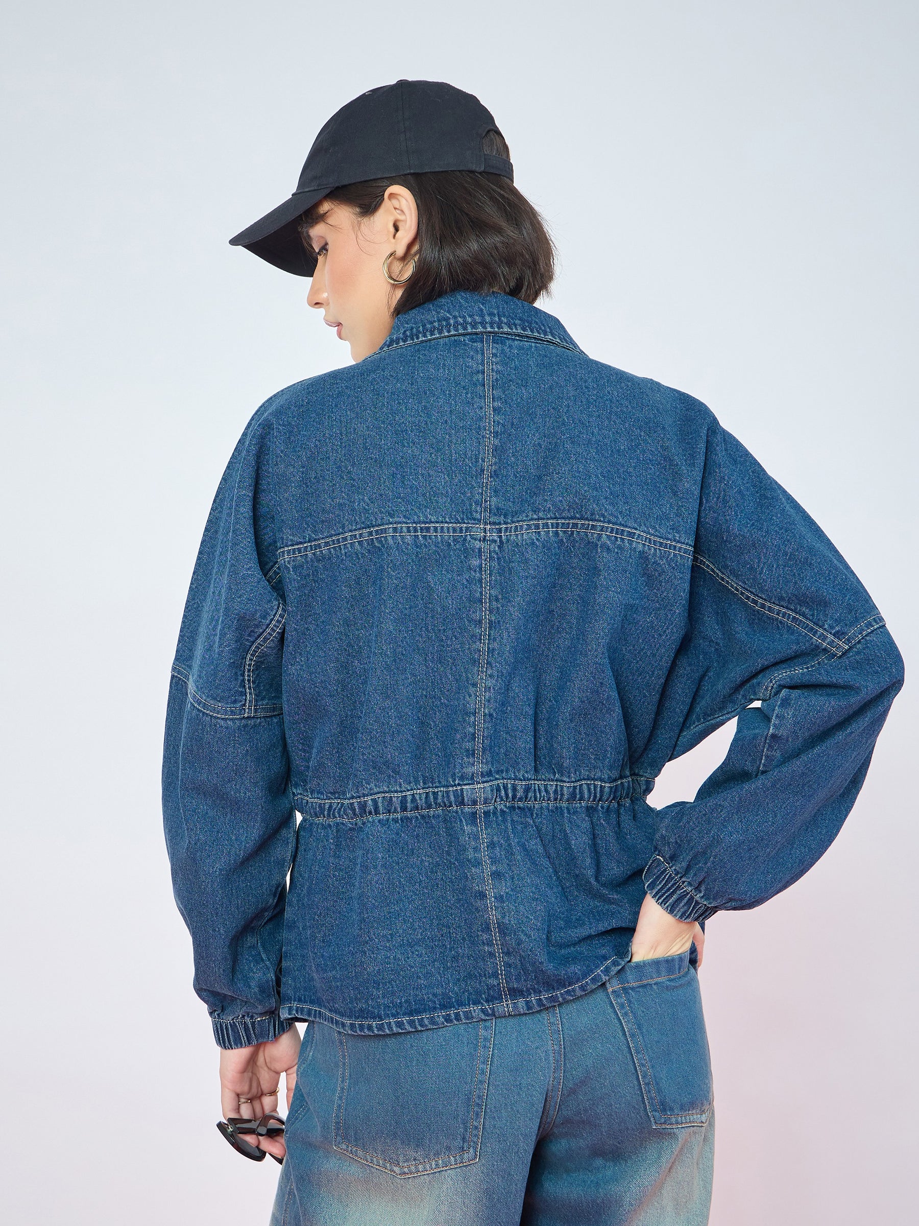 Blue Blast Denim High Neck Front Zipper Jacket-SASSAFRAS