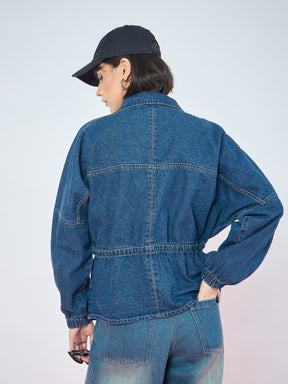 Blue Blast Denim High Neck Front Zipper Jacket-SASSAFRAS