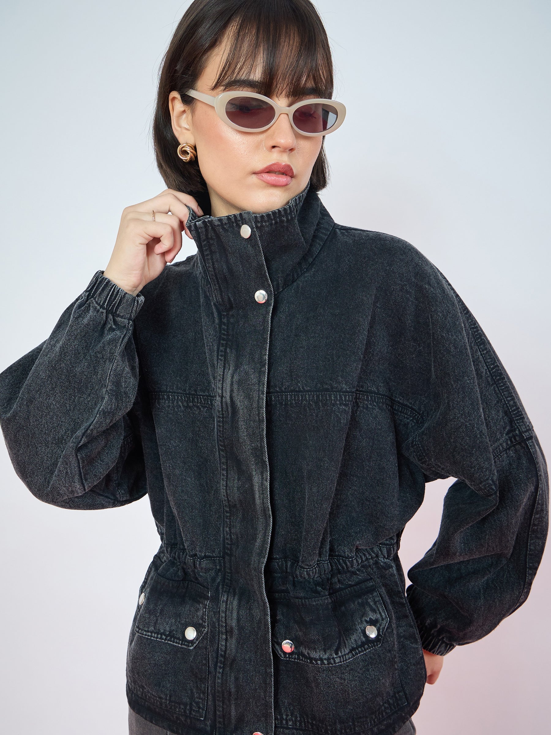 Black Denim High Neck Front Zipper Jacket-SASSAFRAS