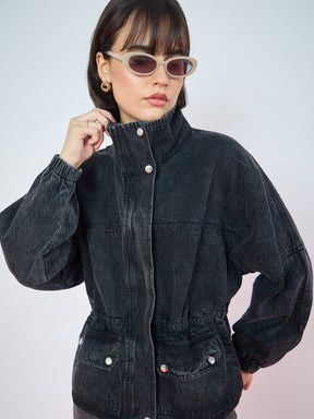 Black Denim High Neck Front Zipper Jacket-SASSAFRAS