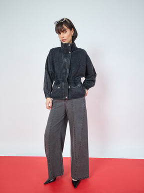 Black Denim High Neck Front Zipper Jacket-SASSAFRAS