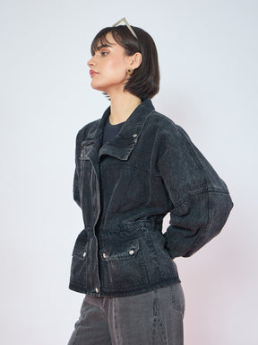 Black Denim High Neck Front Zipper Jacket-SASSAFRAS