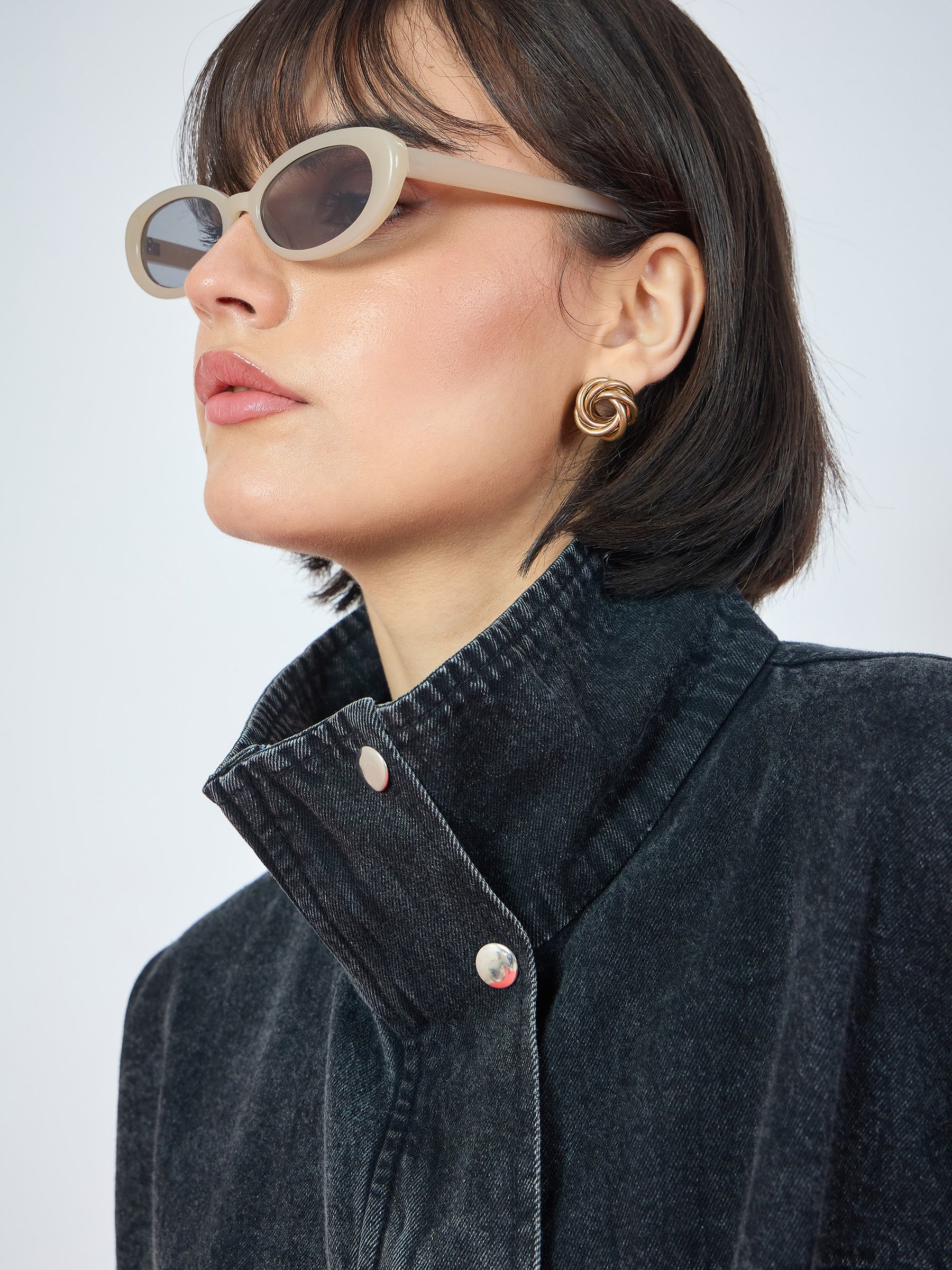 Black Denim High Neck Front Zipper Jacket-SASSAFRAS