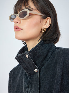 Black Denim High Neck Front Zipper Jacket-SASSAFRAS