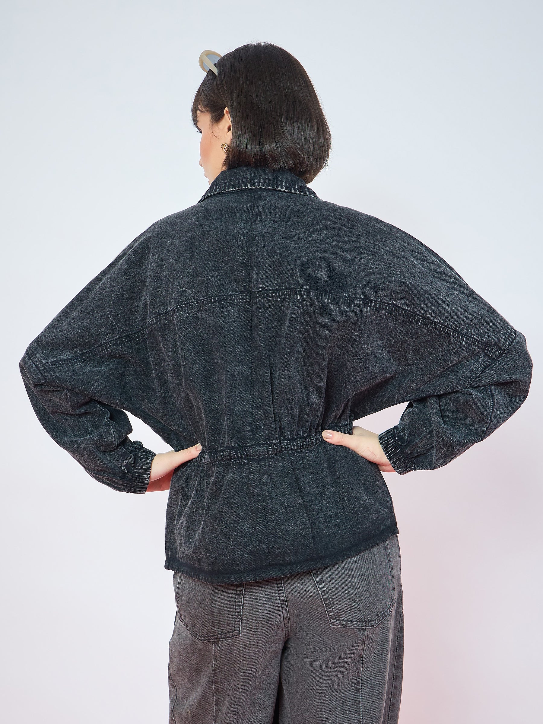 Black Denim High Neck Front Zipper Jacket-SASSAFRAS