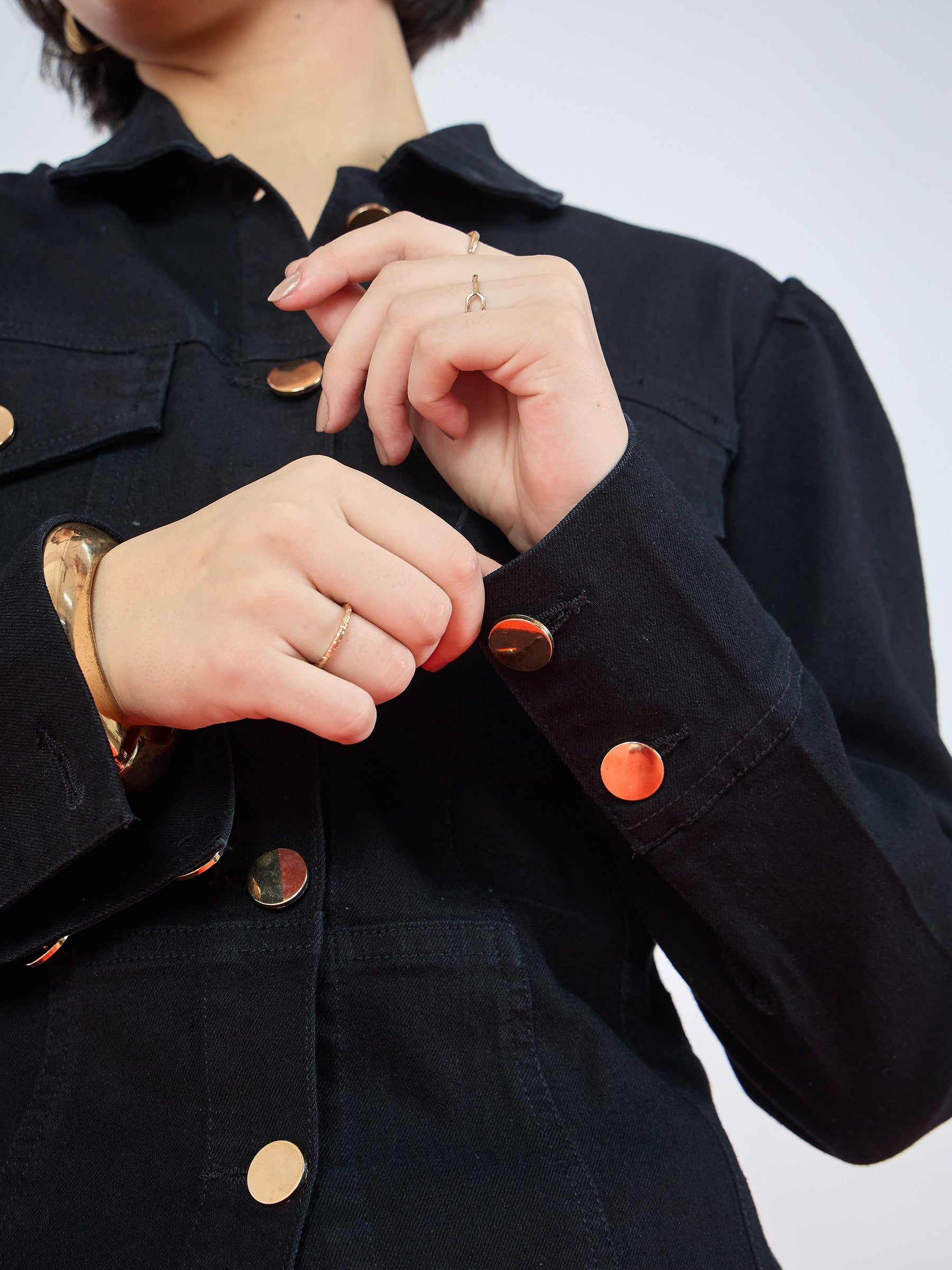 Jet Black Puff Sleeves Golden Button Jacket-SASSAFRAS