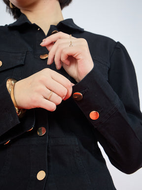 Jet Black Puff Sleeves Golden Button Jacket-SASSAFRAS
