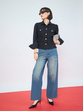 Jet Black Puff Sleeves Golden Button Jacket-SASSAFRAS