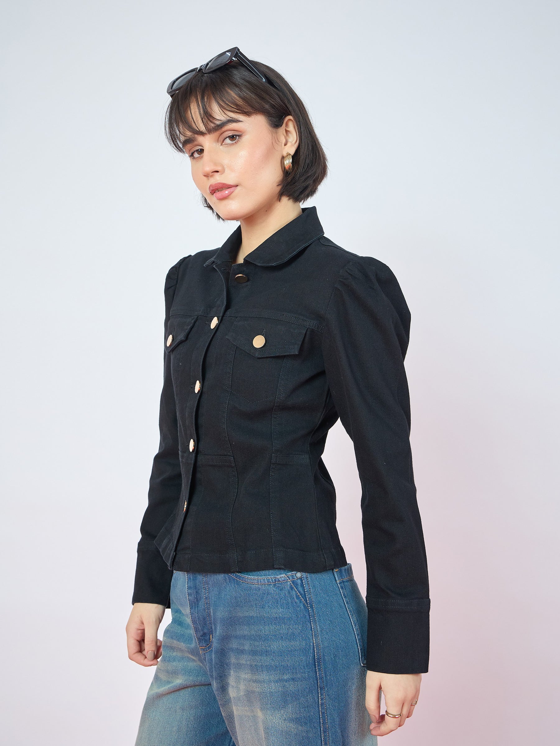Jet Black Puff Sleeves Golden Button Jacket-SASSAFRAS