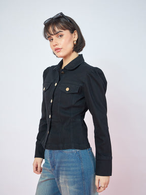 Jet Black Puff Sleeves Golden Button Jacket-SASSAFRAS