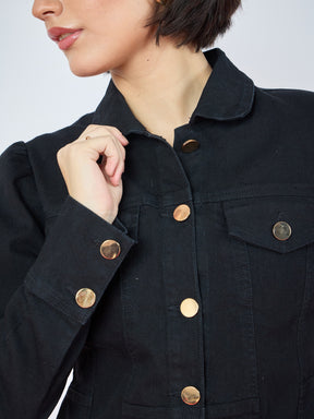 Jet Black Puff Sleeves Golden Button Jacket-SASSAFRAS