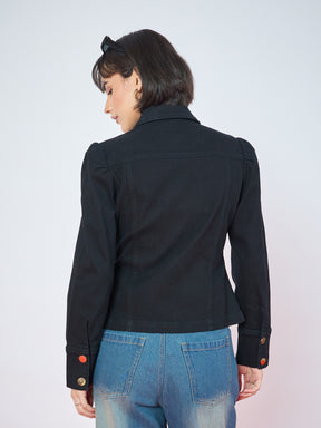 Jet Black Puff Sleeves Golden Button Jacket-SASSAFRAS
