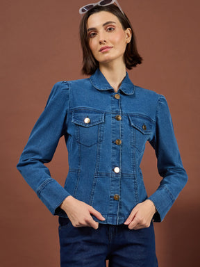 Blue Puff Sleeves Golden Button Jacket-SASSAFRAS