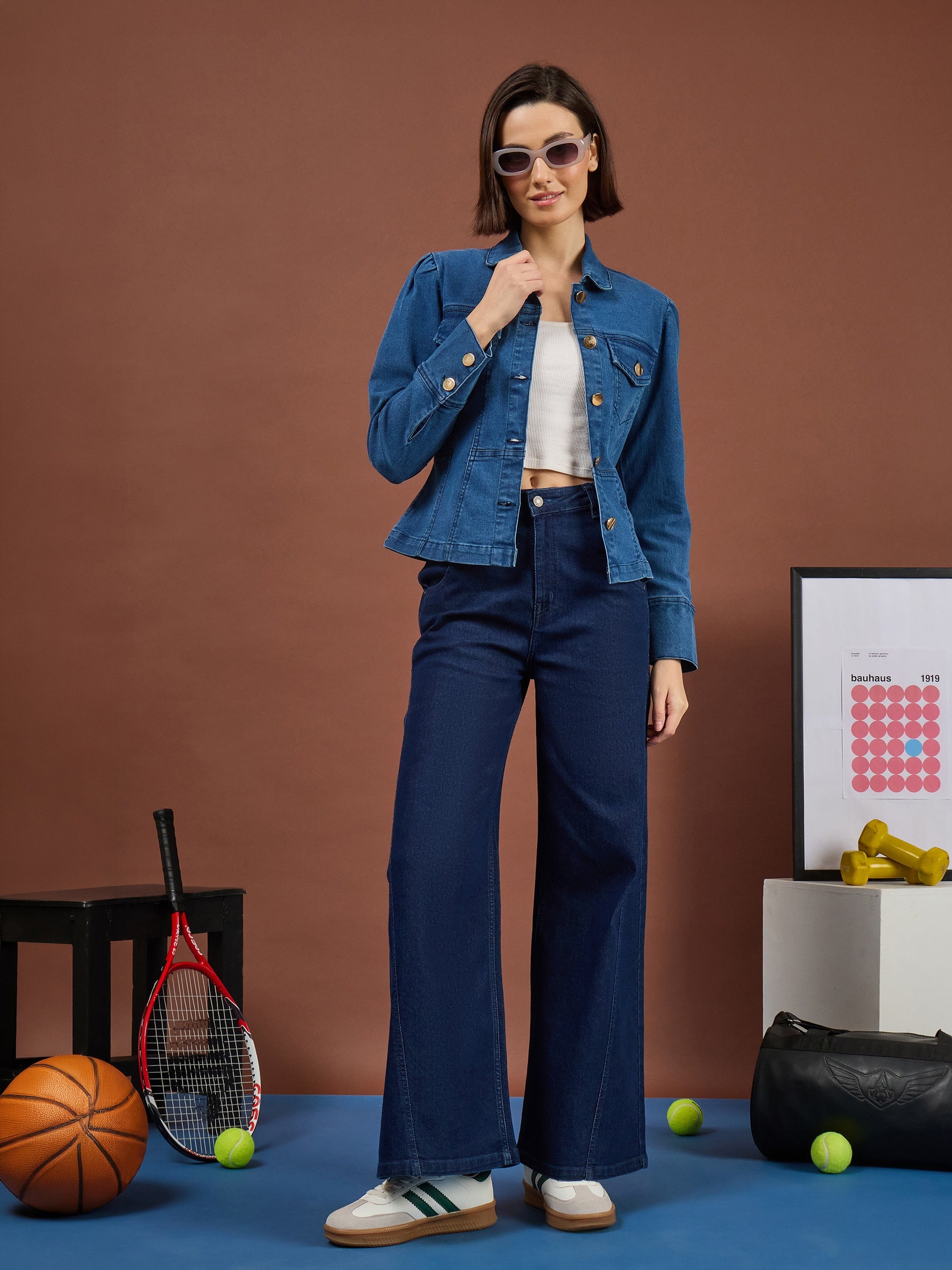Blue Puff Sleeves Golden Button Jacket-SASSAFRAS