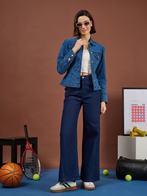Blue Puff Sleeves Golden Button Jacket-SASSAFRAS