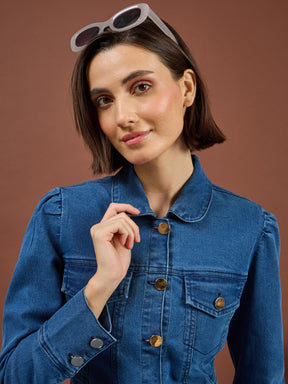Blue Puff Sleeves Golden Button Jacket-SASSAFRAS
