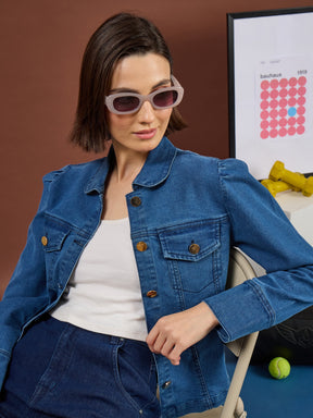 Blue Puff Sleeves Golden Button Jacket-SASSAFRAS