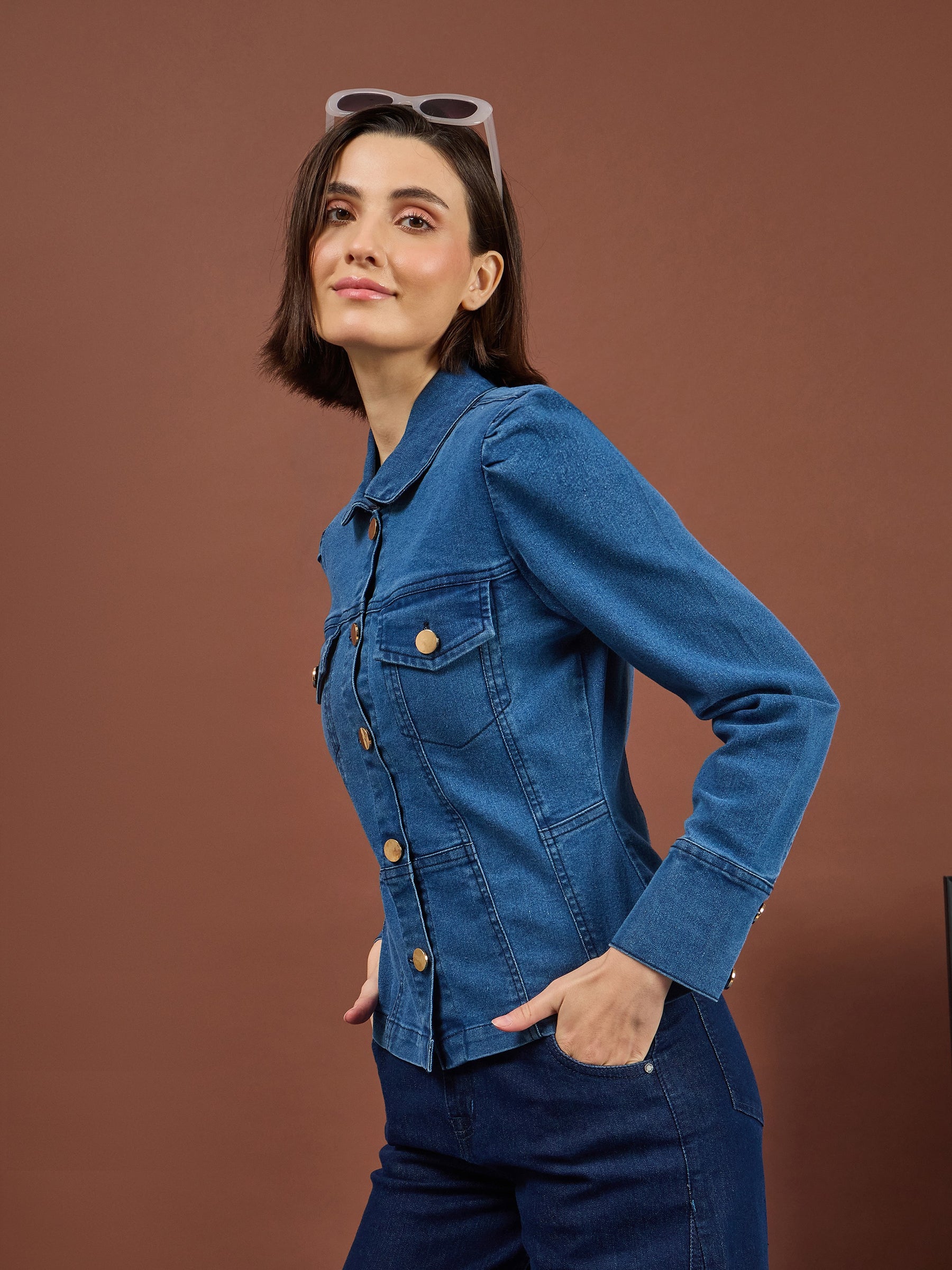 Blue Puff Sleeves Golden Button Jacket-SASSAFRAS