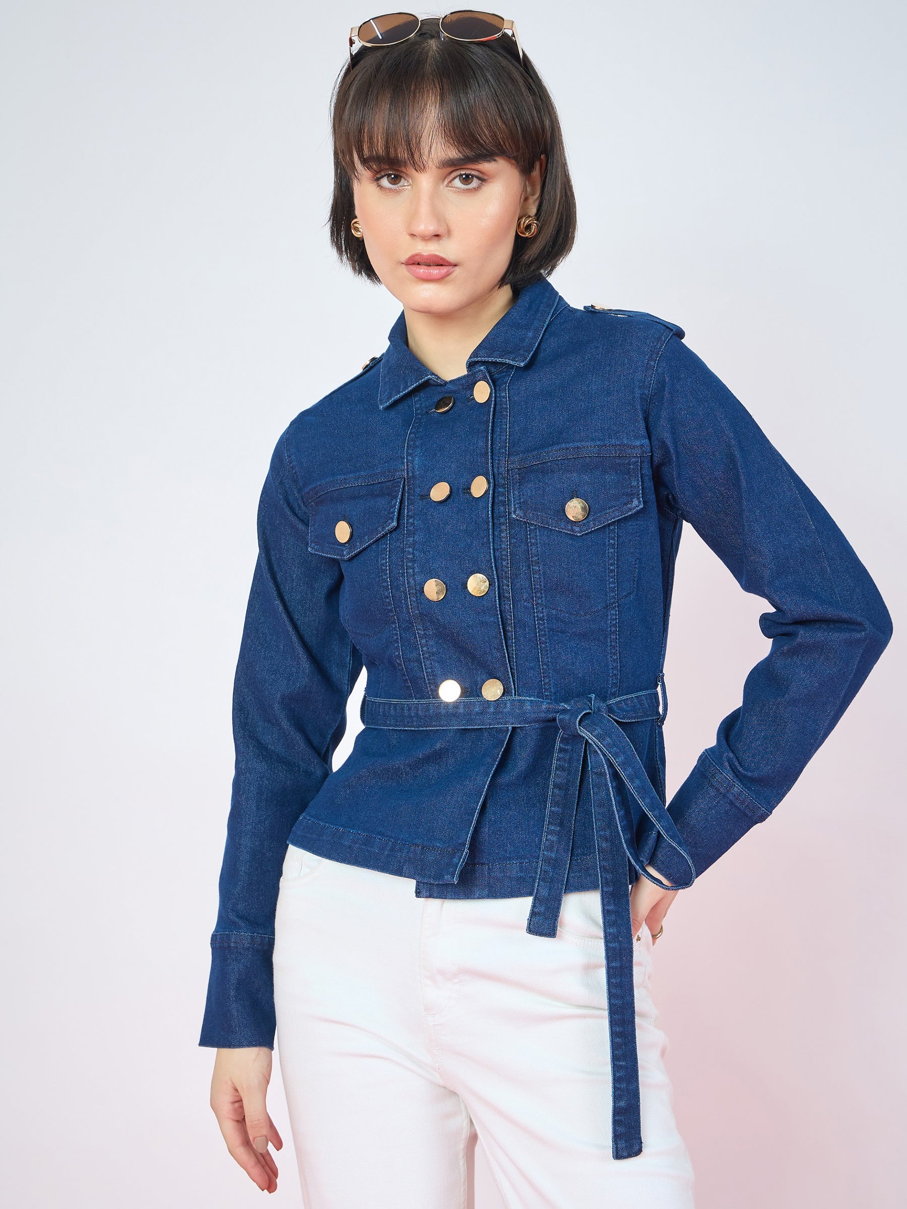 Navy Blue Denim Gold Button Peplum Belt Jacket-SASSAFRAS