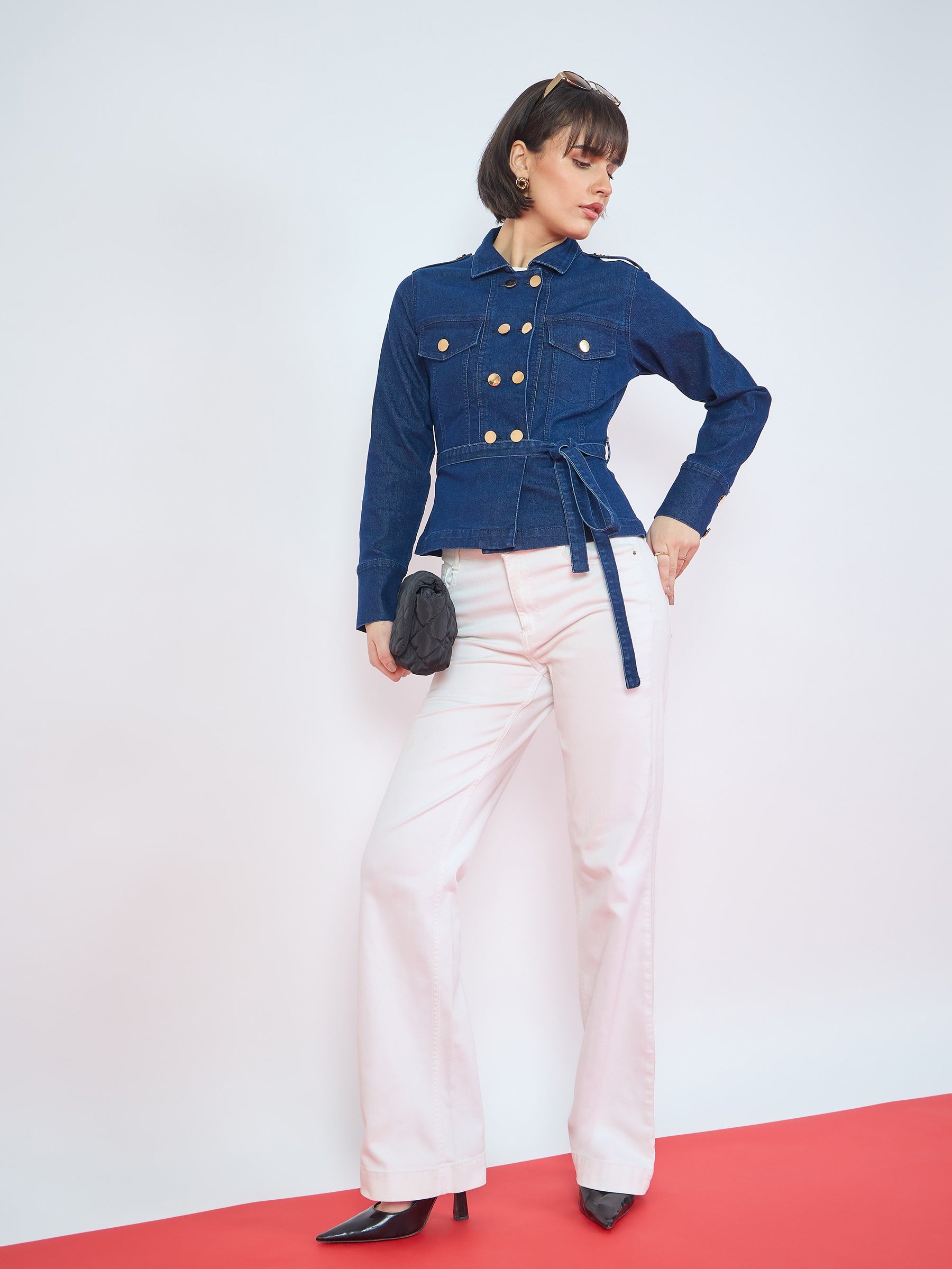 Navy Blue Denim Gold Button Peplum Belt Jacket-SASSAFRAS