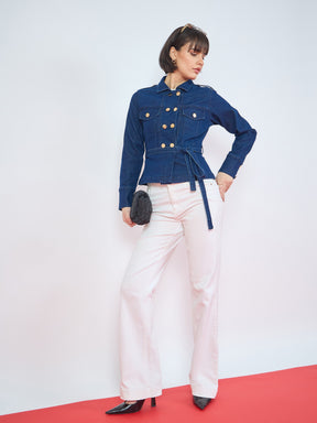 Navy Blue Denim Gold Button Peplum Belt Jacket-SASSAFRAS
