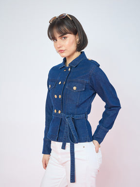 Navy Blue Denim Gold Button Peplum Belt Jacket-SASSAFRAS