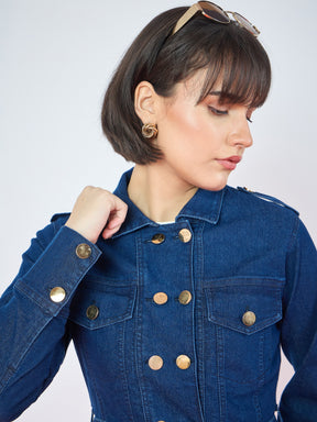 Navy Blue Denim Gold Button Peplum Belt Jacket-SASSAFRAS
