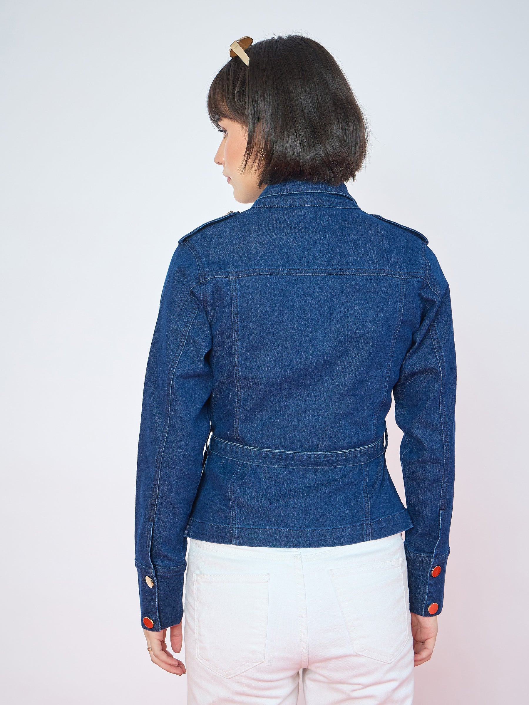 Navy Blue Denim Gold Button Peplum Belt Jacket-SASSAFRAS