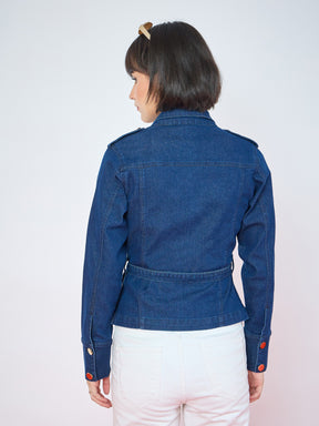 Navy Blue Denim Gold Button Peplum Belt Jacket-SASSAFRAS
