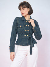 Blue Green Wash Denim Gold Button Peplum Belt Jacket-SASSAFRAS