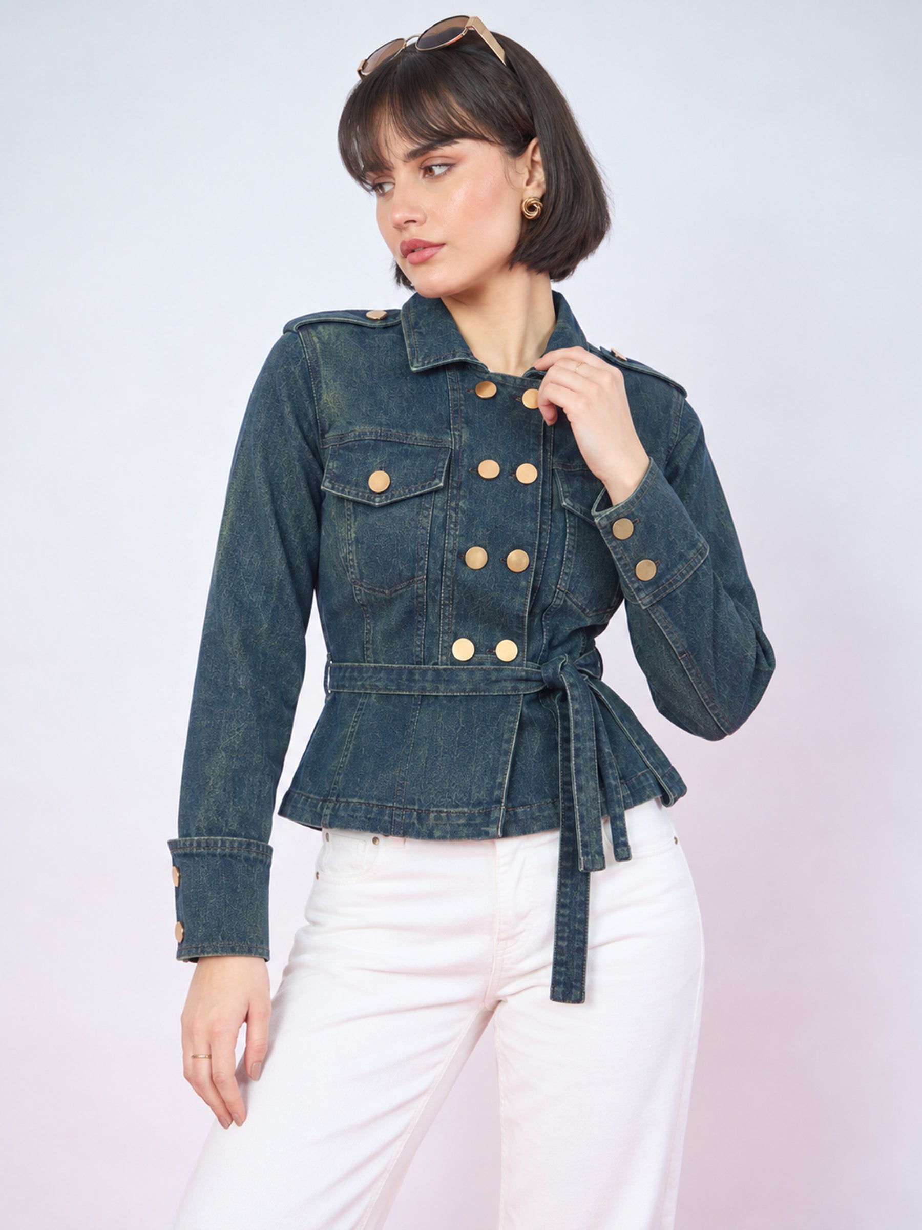 Blue Green Wash Denim Gold Button Peplum Belt Jacket-SASSAFRAS