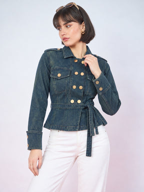 Blue Green Wash Denim Gold Button Peplum Belt Jacket-SASSAFRAS