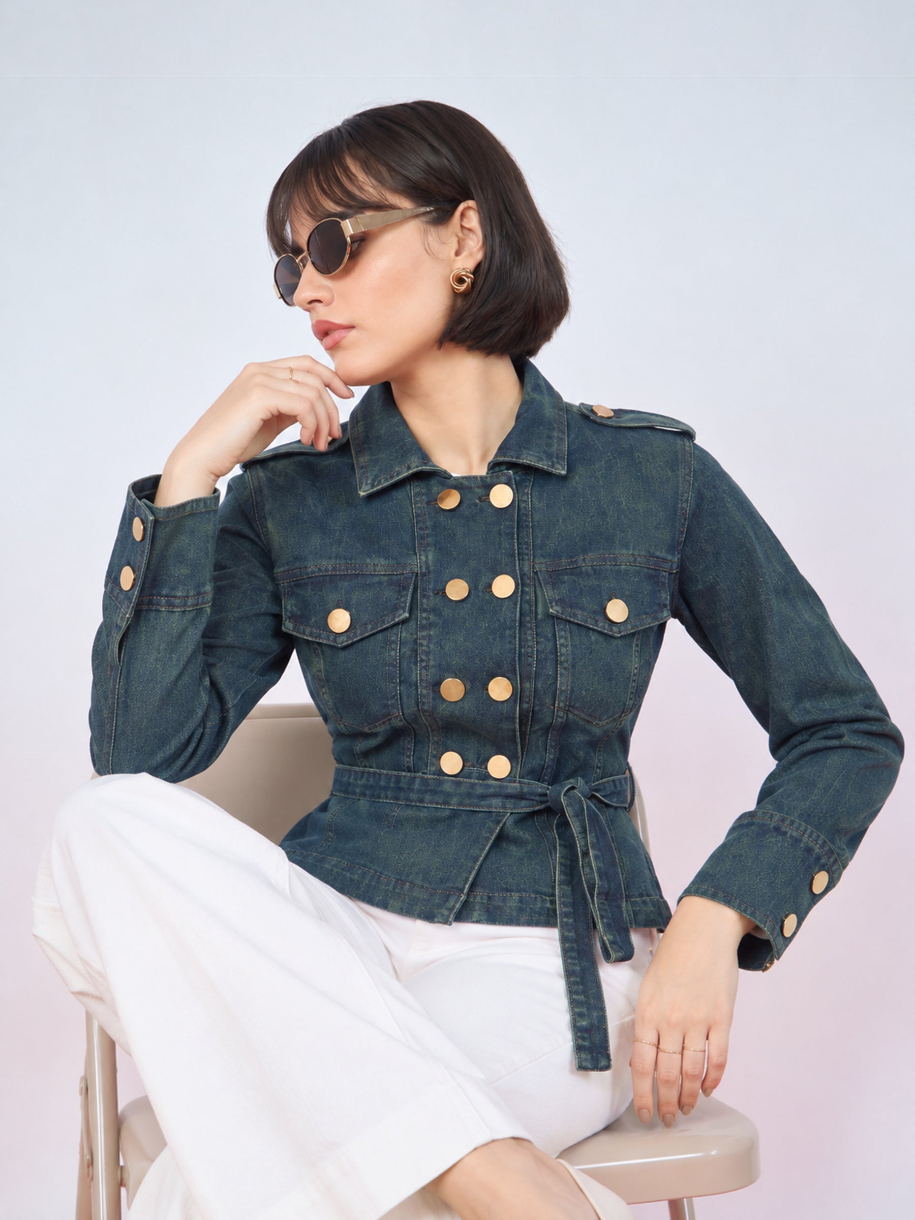 Blue Green Wash Denim Gold Button Peplum Belt Jacket-SASSAFRAS