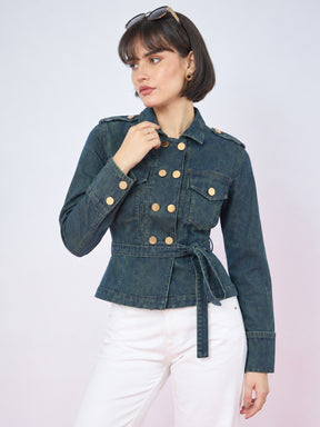 Blue Green Wash Denim Gold Button Peplum Belt Jacket-SASSAFRAS