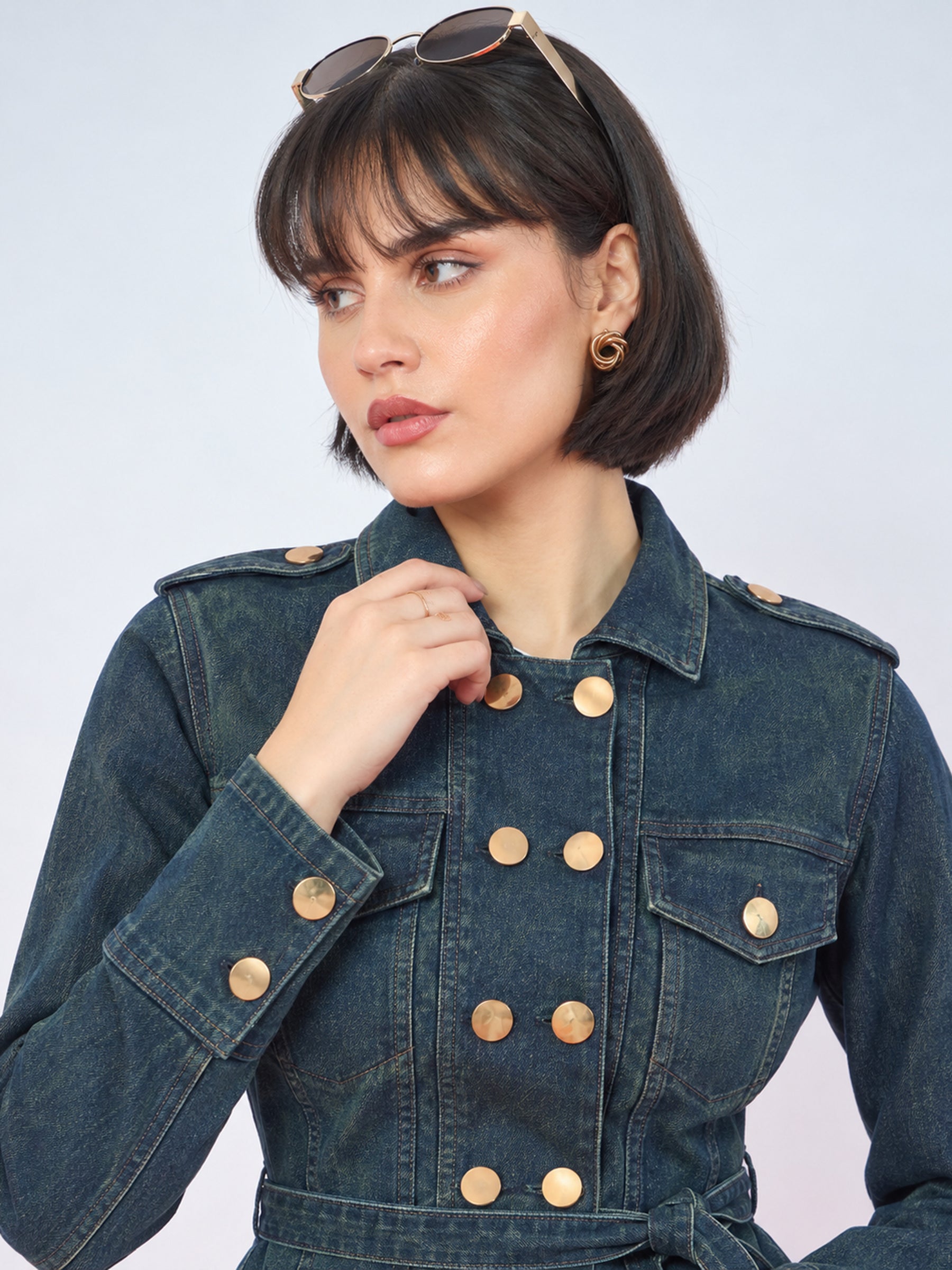 Blue Green Wash Denim Gold Button Peplum Belt Jacket-SASSAFRAS